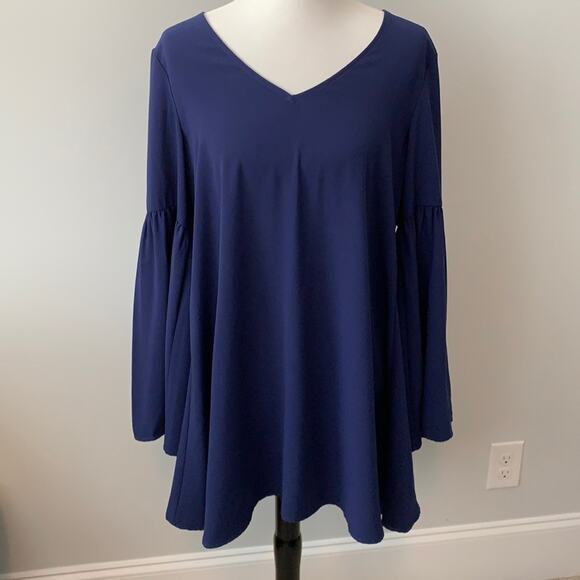 TCEC Navy Bell Sleeve V Neck Pullover Mini Dress Sz L - Picture 1 of 7